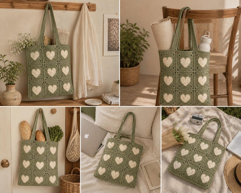 May include: A sage green crochet tote bag featuring a repeating pattern of cream-colored hearts. The bag has long handles and is shown filled with various items, including flowers, groceries, and a yoga mat. The bag is approximately 15 inches wide and 16 inches tall.