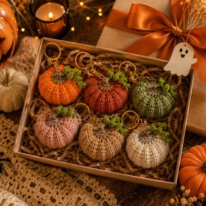 Puede incluir: Una caja con seis llaveros de calabaza de ganchillo en varios colores: naranja, rojo, verde, rosa, beige y blanco. Cada calabaza tiene un tallo verde y un llavero dorado. La caja est&aacute; junto a una caja de regalo con un lazo.