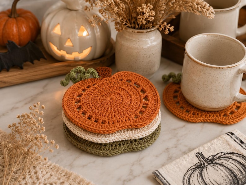 May include: A stack of three crocheted pumpkin-shaped coasters in orange, cream, and green. A matching orange coaster sits under a beige mug. A white pumpkin-shaped candle holder and a small orange pumpkin are in the background.
