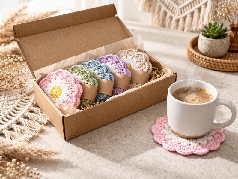 Crochet Daisy Coaster Pattern, Flower Coaster Set PDF, Cute Floral Table Decor DIY, Beginner Friendly Crochet Pattern image 2