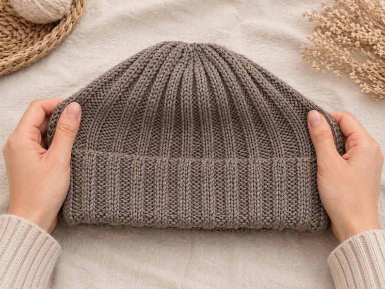 May include: A ribbed knit beanie in a neutral taupe color. The hat is held by two hands, showcasing the texture and shape of the warm winter accessory. The beanie is made of a soft, knitted material.