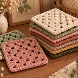 Peut inclure: Une pile de dessous de verre carrés au crochet dans des tons variés incluant crème, vert sauge, rose poudré et jaune moutarde. Chaque dessous de verre présente un motif granny square classique avec un centre ajouré et une bordure décorative.