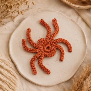 May include: A rust-colored crochet spider with a central circular body and eight curved legs. The spider is crafted from yarn with a visible stitched texture, featuring a small open hole in the center of its body and symmetrical leg placement.