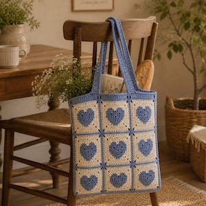 May include: A handmade crochet tote bag with a blue and cream heart pattern. The bag has blue handles and is hanging on a wooden chair. The bag is filled with items, including a loaf of bread and a book.