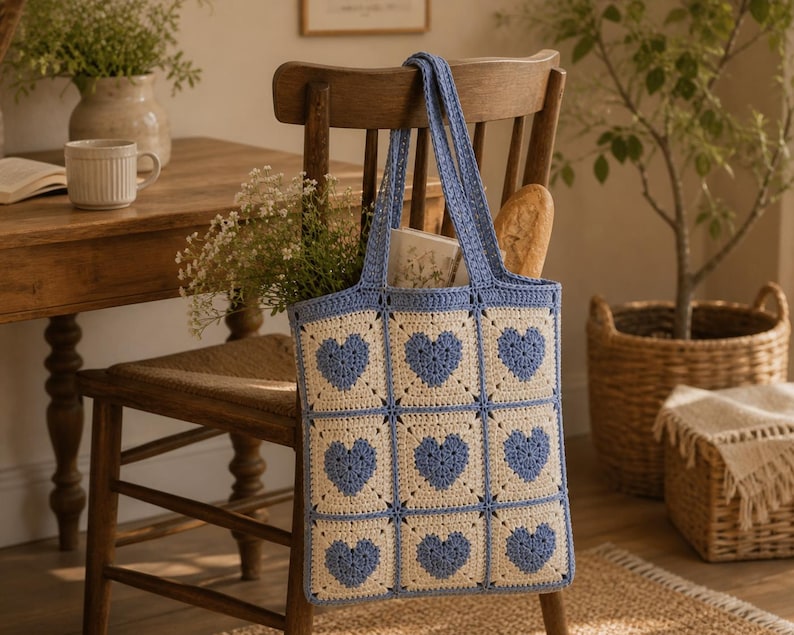 May include: A handmade crochet tote bag with a blue and cream heart pattern. The bag has blue handles and is hanging on a wooden chair. The bag is filled with items, including a loaf of bread and a book.