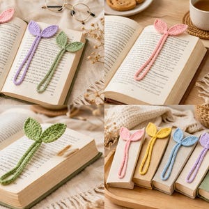 May include: Crocheted leaf bookmarks in pink, purple, and green rest in open books. The bookmarks have a leaf design at the top and a long, thin stem. Additional bookmarks in yellow and blue are displayed on a tray.