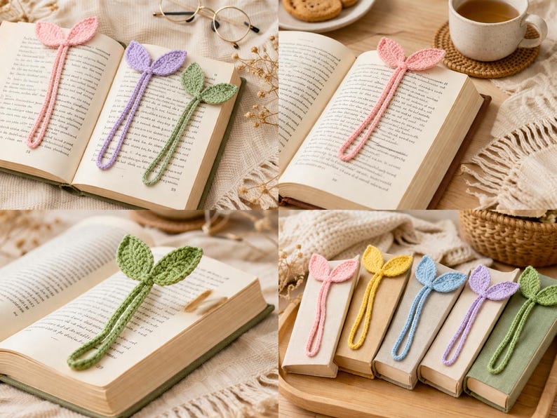 May include: Crocheted leaf bookmarks in pink, purple, and green rest in open books. The bookmarks have a leaf design at the top and a long, thin stem. Additional bookmarks in yellow and blue are displayed on a tray.