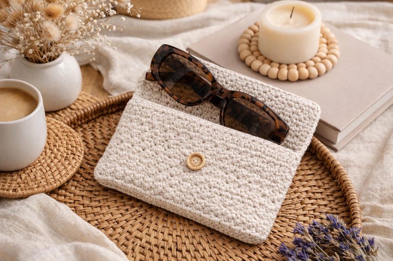 May include: A cream-colored, crocheted sunglasses case with a wooden button closure. Tortoiseshell sunglasses rest inside the open case. The case sits on a woven tray with a cup of coffee, a candle, and a book.