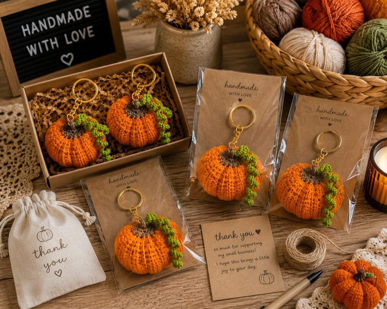 Puede incluir: Llaveros de calabaza naranja de ganchillo con enredaderas verdes y llaveros dorados. Los llaveros est&aacute;n empaquetados en tarjetas marrones que dicen "handmade with love". Una peque&ntilde;a bolsa dice "gracias".