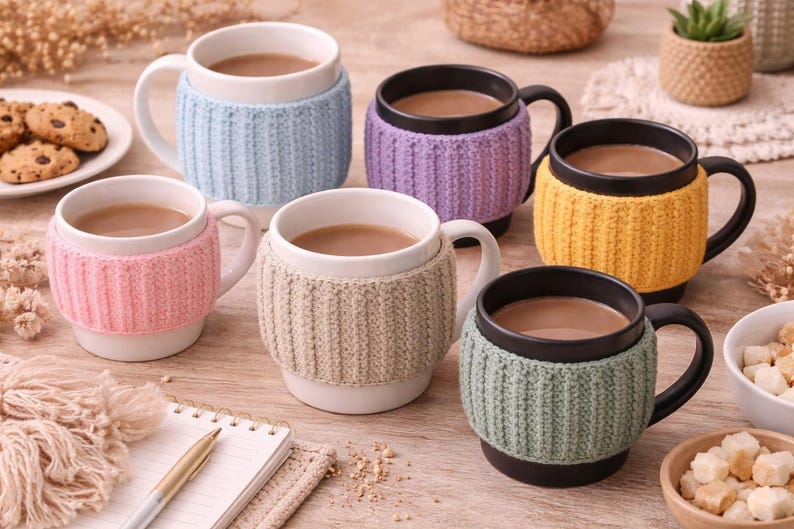 May include: A collection of ceramic mugs filled with a warm beverage, each adorned with a knitted cozy in various pastel colors. The mugs are arranged on a wooden surface, alongside cookies and a notepad.