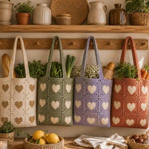 May include: Four crochet tote bags in cream, green, purple, and orange, each with a white heart pattern. The bags are filled with produce and hanging on a wooden rack. The bags have long handles.