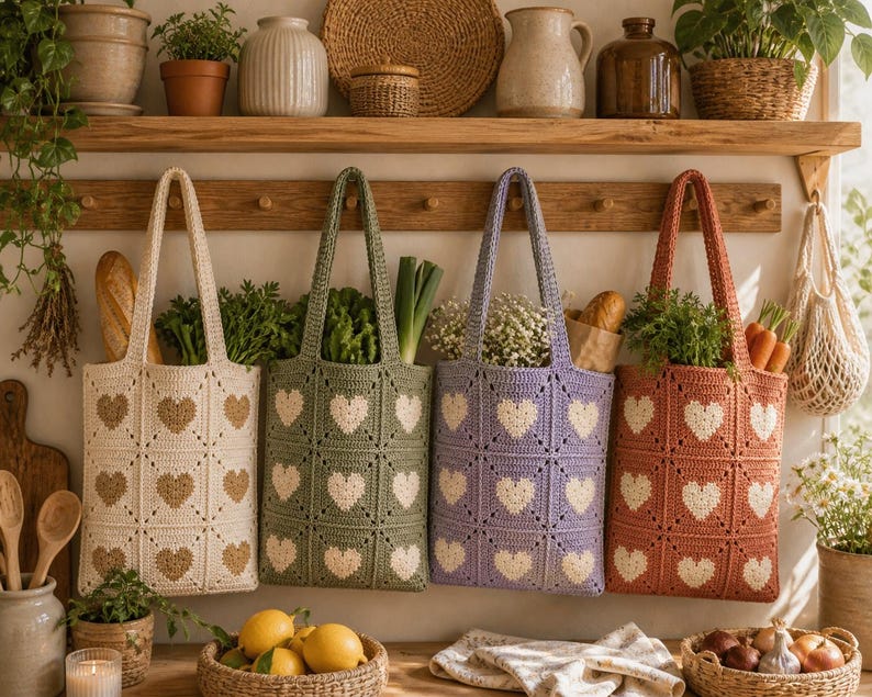 May include: Four crochet tote bags in cream, green, purple, and orange, each with a white heart pattern. The bags are filled with produce and hanging on a wooden rack. The bags have long handles.