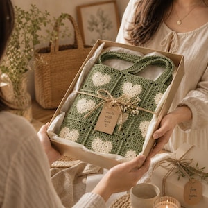 May include: A handmade green and white crochet tote bag with heart patterns is presented in a gift box. The bag has two handles and is tied with twine and a tag that says "made with love". A second woven tote bag is in the background.