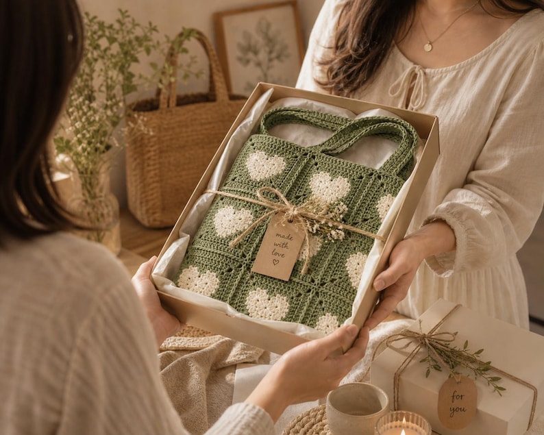 May include: A handmade green and white crochet tote bag with heart patterns is presented in a gift box. The bag has two handles and is tied with twine and a tag that says "made with love". A second woven tote bag is in the background.