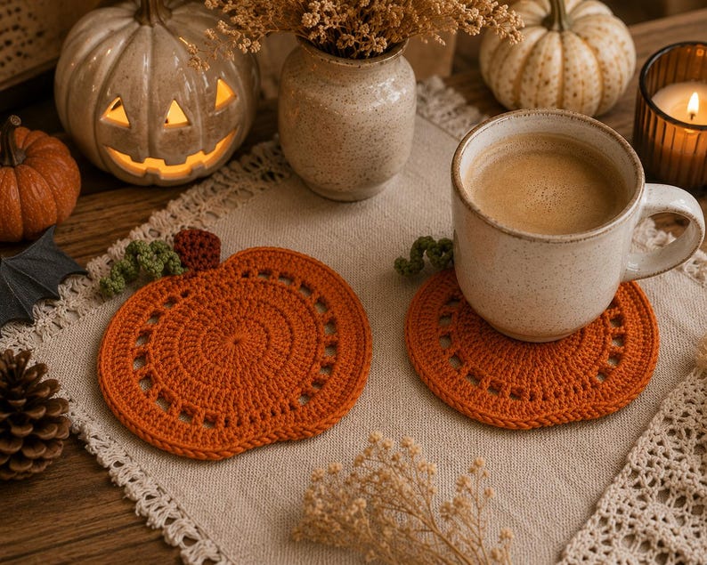 May include: Two orange crochet pumpkin coasters with a cup of coffee on one. The coasters are on a beige placemat with a pumpkin and a lit candle in the background. The scene evokes a cozy autumn atmosphere.