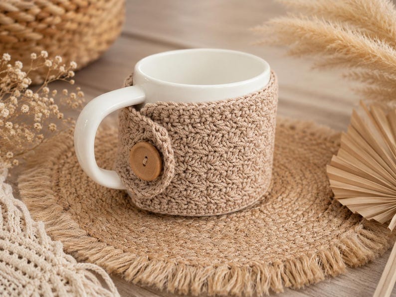 May include: A white ceramic mug featuring a removable beige crochet cozy. The cozy is crafted with a textured stitch pattern and is secured around the mug with a single round wooden button located near the handle, providing a snug fit.