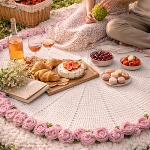 May include: A white crocheted picnic blanket with a pink rose border. A picnic basket, wine, glasses, and food items like croissants, cheese, and fruit are arranged on the blanket. Two people are sitting on the blanket.