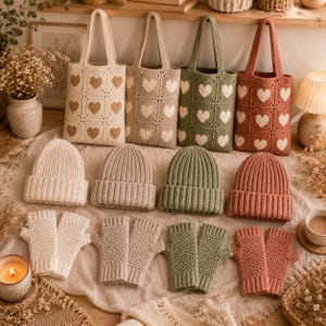 May include: Four crochet tote bags with heart patterns, four ribbed knit beanies, and four pairs of fingerless gloves in matching cream, beige, sage green, and terracotta colors arranged on a textured fabric surface.