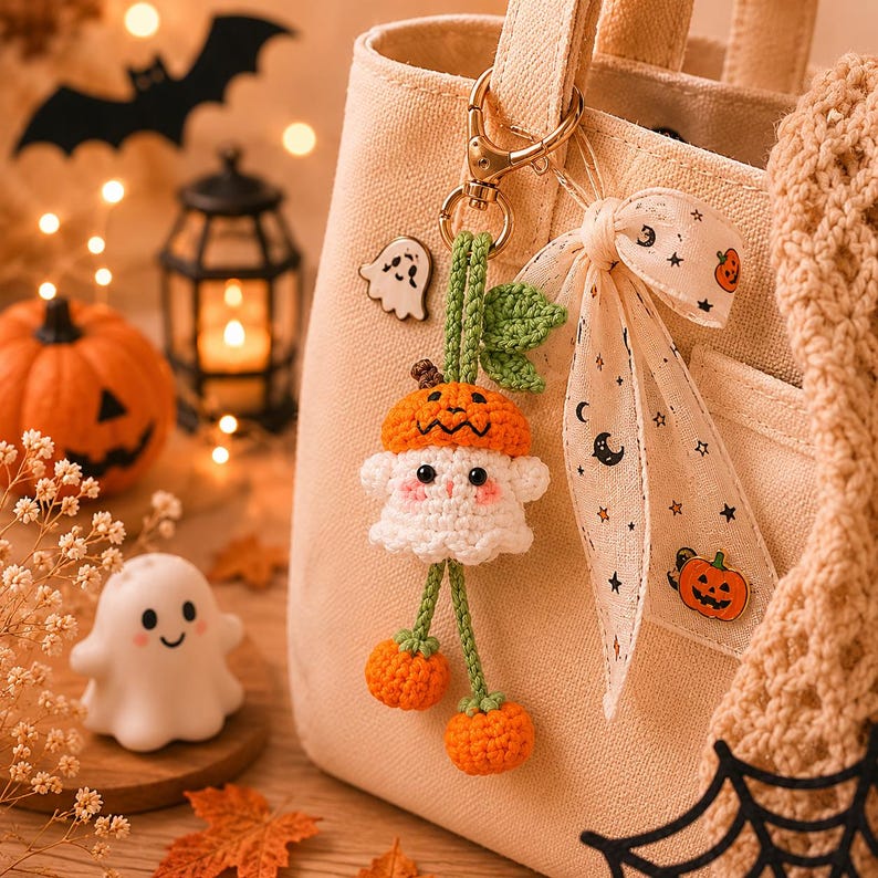 May include: A handmade Halloween-themed keychain featuring a crocheted ghost wearing a pumpkin hat. The keychain is attached to a beige tote bag with a ribbon adorned with pumpkins and stars. Decorative pumpkins, a bat, and a lantern are in the background.