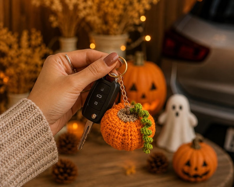 Puede incluir: Un llavero de calabaza naranja tejido a ganchillo con detalles de vid verde, sujeto a un mando de coche. El fondo est&aacute; borroso, con decoraciones de Halloween, incluyendo calabazas y un fantasma.