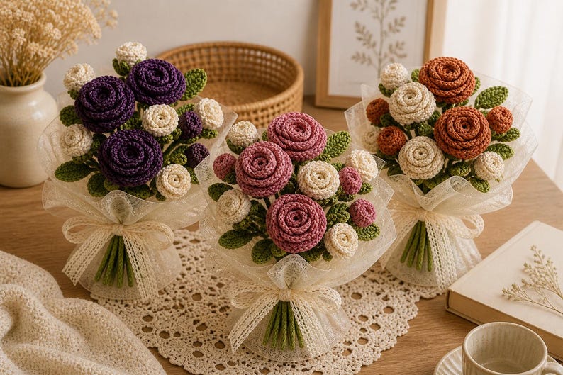 May include: Three crochet flower bouquets in purple, pink, and orange. Each bouquet is wrapped in white tulle and tied with a cream-colored ribbon. The flowers are arranged with green leaves and cream-colored buds.