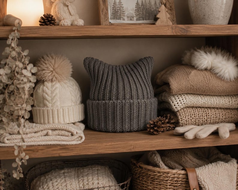 May include: A dark gray knit beanie with pointed cat-ear details and a wide ribbed cuff. The beanie is positioned on a wooden shelf alongside a cream-colored cable knit beanie with a large pom-pom, folded sweaters, and knit gloves.