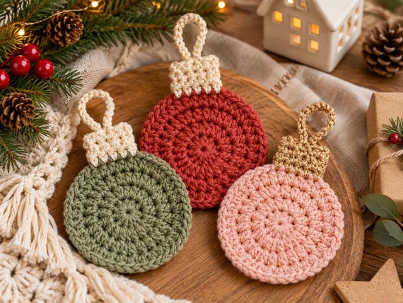 Crochet Christmas Bauble Ornament Pattern Easy Beginner Round Coaster Pattern Hanging Tree Decoration Handmade Holiday Gift Topper