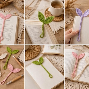 May include: Crocheted leaf bookmarks in various colors, including pink, green, purple, and cream. The bookmarks are placed in open books, showcasing their handmade detail and delicate design. A charming accessory for book lovers.