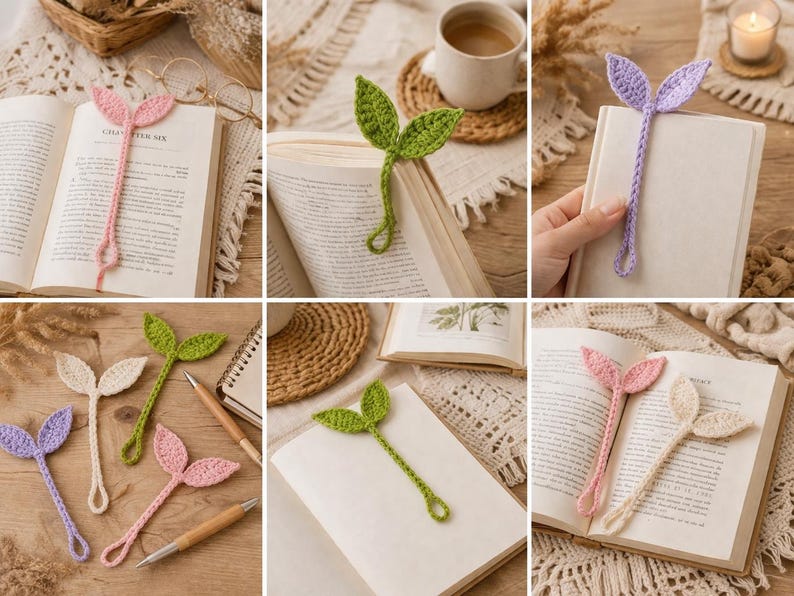 May include: Crocheted leaf bookmarks in various colors, including pink, green, purple, and cream. The bookmarks are placed in open books, showcasing their handmade detail and delicate design. A charming accessory for book lovers.