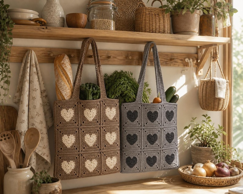 May include: Two crochet tote bags, one brown with white hearts and the other gray with dark gray hearts, hang on a wooden rack. Each bag is filled with groceries, including bread, vegetables, and fruit. The bags are part of a kitchen decor.