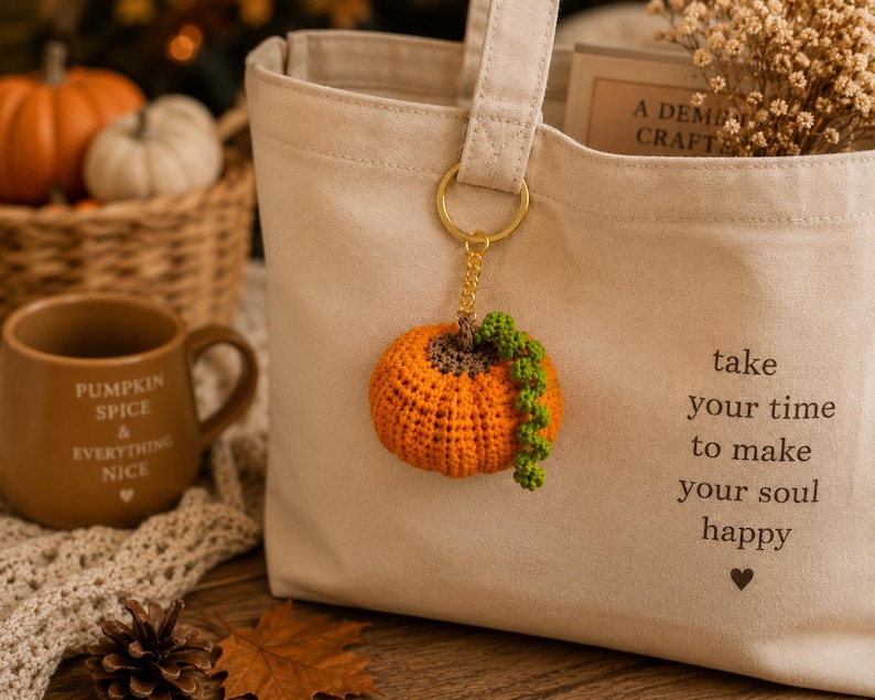 Puede incluir: Un llavero de calabaza naranja de ganchillo con enredaderas verdes cuelga de un bolso tote beige. La bolsa tiene el texto "take your time to make your soul happy". Una taza marr&oacute;n con texto est&aacute; cerca de una cesta de calabazas.