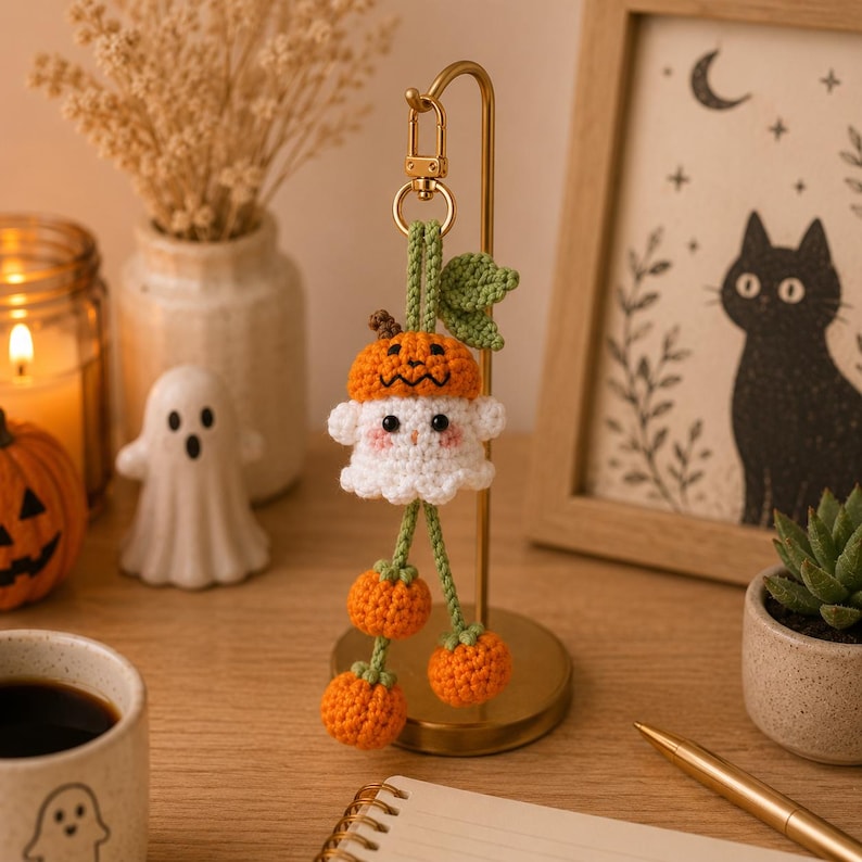 May include: A handmade Halloween-themed keychain featuring a crocheted ghost wearing a pumpkin hat. The ghost has a white body, orange pumpkin hat, and three dangling orange pumpkins. The keychain is attached to a gold-colored metal clasp.