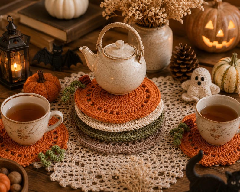 May include: A cozy autumn-themed still life featuring a stack of crocheted orange, cream, green, and brown coasters. A teapot sits atop the coasters, with two cups of tea, pumpkins, and decorative items. The scene evokes a warm, inviting atmosphere.