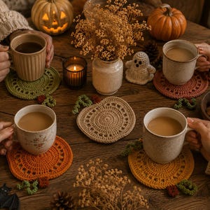 May include: A cozy autumn scene with mugs of coffee on a wooden table. The table is decorated with crocheted pumpkin-shaped coasters in orange, green, and beige, along with small pumpkins, a candle, and fall foliage.