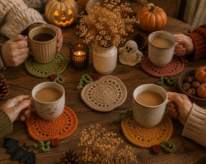 May include: A cozy autumn scene with mugs of coffee on a wooden table. The table is decorated with crocheted pumpkin-shaped coasters in orange, green, and beige, along with small pumpkins, a candle, and fall foliage.