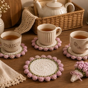 Puede incluir: Un bodegón con tres tazas de té sobre posavasos de ganchillo hechos a mano. Los posavasos tienen un centro blanco, ribete verde y bordes festoneados rosas. También se ve un pequeño ramo de ganchillo y una tetera.