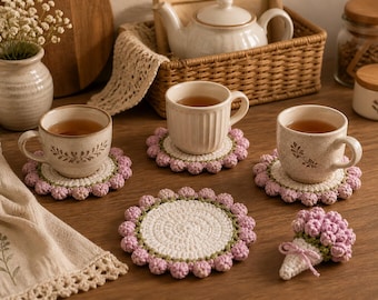Crochet Flower Coaster Pattern PDF | Bouquet Coaster Crochet Pattern | Popcorn Stitch Flower Coaster | Beginner Crochet Gift Idea
