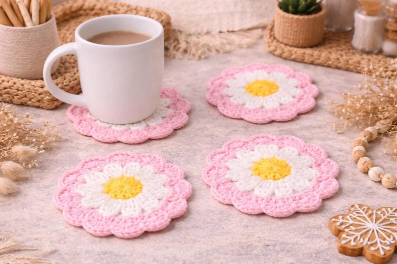 May include: A white ceramic mug filled with a beverage rests on a pink, white, and yellow crocheted daisy coaster. Three additional daisy coasters are arranged nearby. The coasters are approximately 4 inches in diameter.