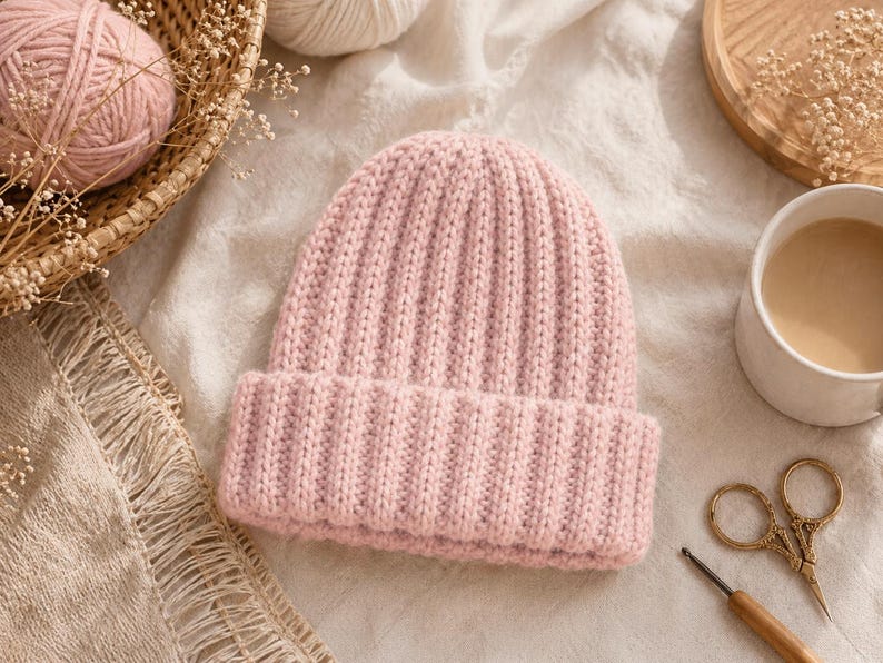 May include: A light pink, ribbed knit beanie hat with a folded brim. The hat is made of a soft, textured yarn. The image also includes a basket of pink yarn, a cup of coffee, and crafting tools.