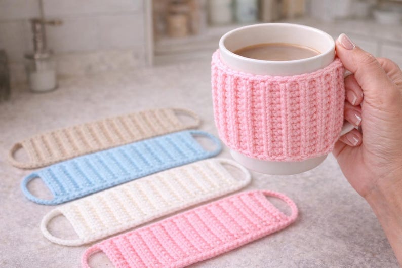 May include: A white mug with a pink knitted cozy and several matching coasters in beige, blue, white, and pink. The mug contains a warm beverage. The coasters have a loop handle.