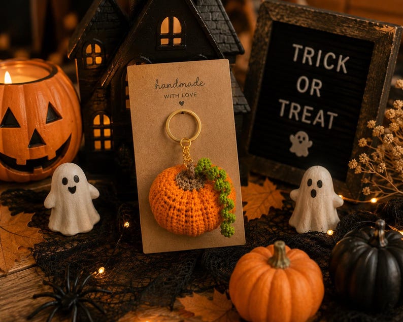Puede incluir: Un llavero de calabaza de ganchillo naranja con una vid verde, presentado en una tarjeta marr&oacute;n que dice "handmade with love". La imagen tiene un tema de Halloween, con una casa negra, un letrero de "Trick or Treat" y otras decoraciones de calabazas y fantasmas.