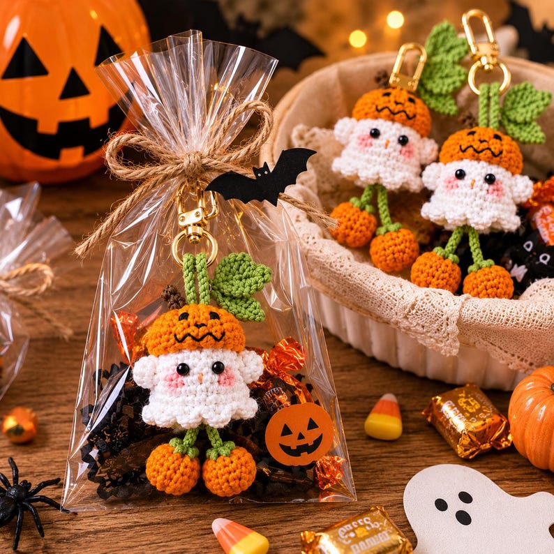 May include: A clear cellophane bag tied with twine, containing a crochet pumpkin-headed ghost keychain. The keychain is orange, white, and green. Other Halloween-themed items include candy, a jack-o'-lantern, and a spider.