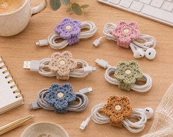 Flower Cable Holder Crochet Pattern PDF Crochet Cable Organizer Pattern Cute Desk Accessory Crochet Tech Gift Beginner Crochet Pattern