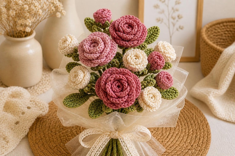 May include: A handcrafted bouquet of crochet flowers, featuring pink and cream roses with green leaves, wrapped in white tulle and tied with a cream ribbon. The bouquet is presented on a woven mat, suggesting a decorative or gift item.