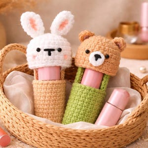 Padrão de crochê para porta-batom em formato de coelhinho fofo, porta-batom amigurumi em PDF, chaveiro kawaii faça você mesmo, ideia para presente