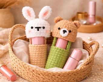 Cute Bunny Bear Lip Balm Holder Crochet Pattern, Amigurumi Lipstick Holder PDF, Kawaii Keychain Pouch DIY, Gift Idea