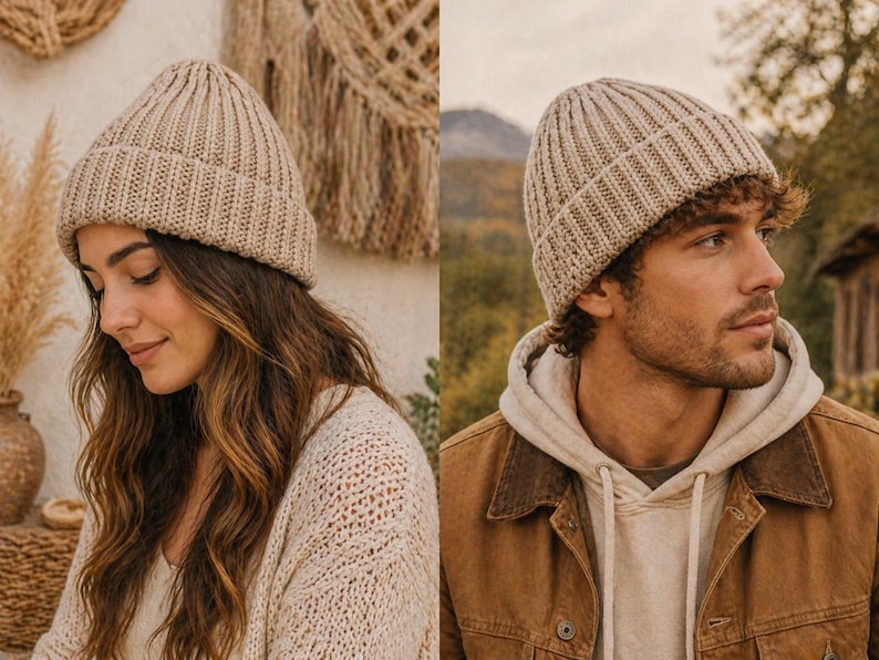 May include: Two people wearing ribbed knit beanies in a neutral beige color. The beanies have a folded brim and a vertical rib pattern. One person is wearing a cream-colored sweater, and the other is wearing a brown jacket over a hoodie.