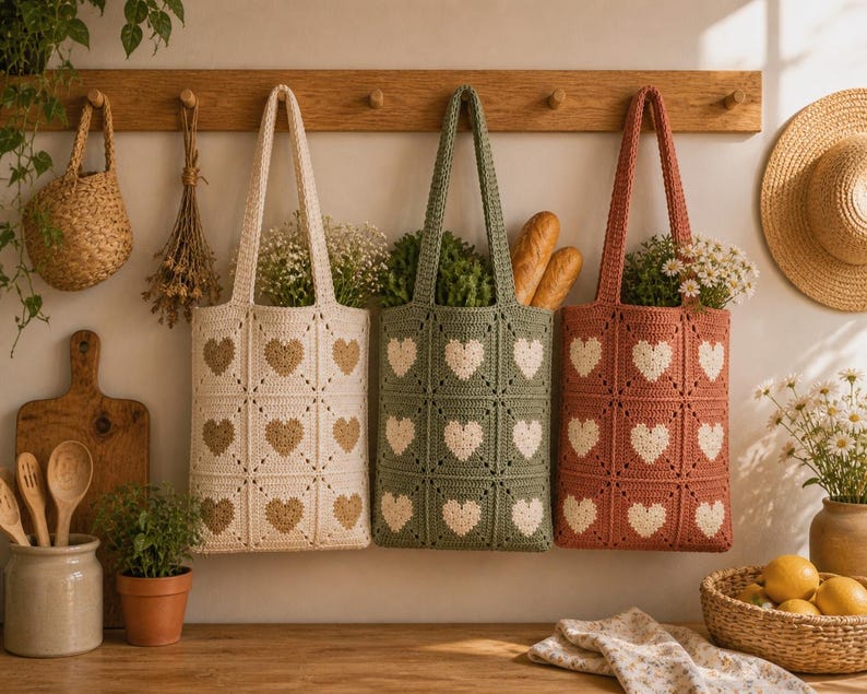 May include: Three crochet tote bags in cream, olive green, and terracotta, each adorned with heart-shaped patterns. The bags hang on a wooden rack, filled with greenery and bread. A straw hat and other kitchen items are also visible.