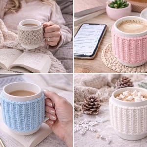 May include: Four white ceramic mugs with warm beverages, each adorned with a knitted cozy in different colors: beige, pink, light blue, and white. The mugs are set in cozy scenes with books, a laptop, and winter decorations.