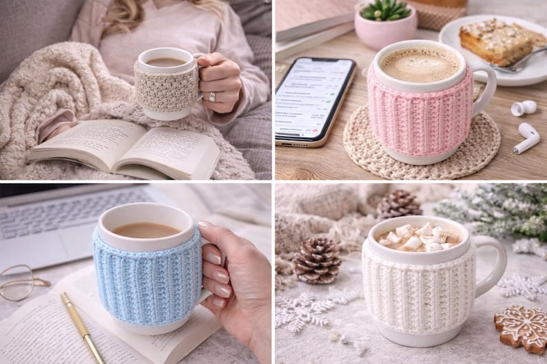 May include: Four white ceramic mugs with warm beverages, each adorned with a knitted cozy in different colors: beige, pink, light blue, and white. The mugs are set in cozy scenes with books, a laptop, and winter decorations.